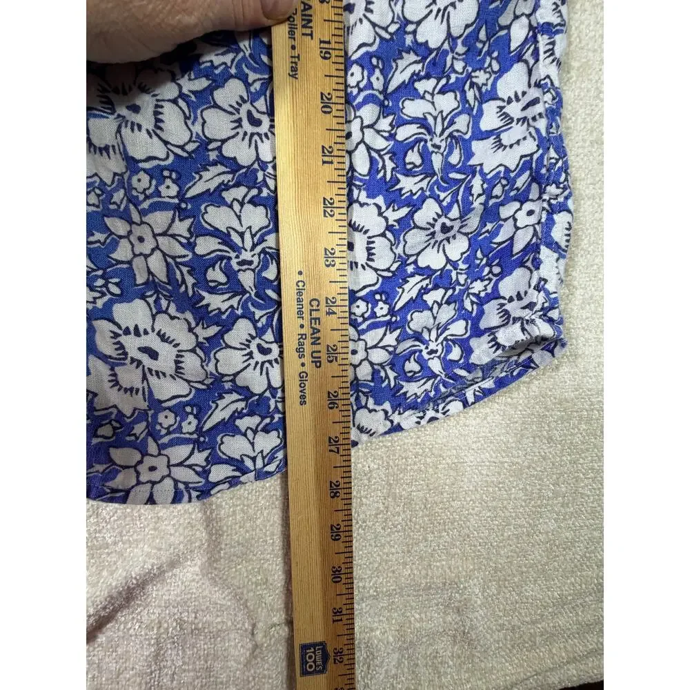 J Crew Men Large Blue White Linen Blend Short Sleeve Button Front Floral Shirt